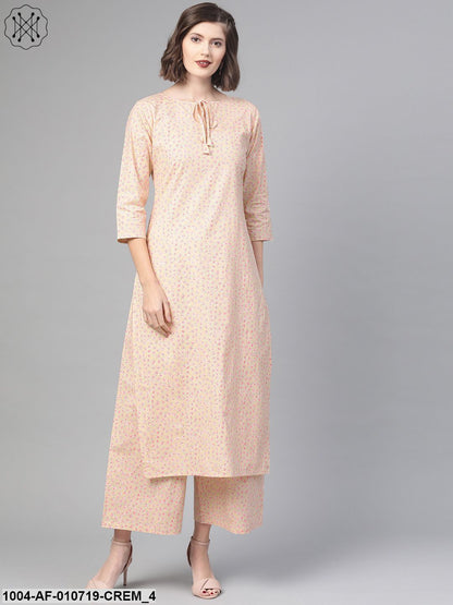 Women Cream & Pink Straight Floral Printed Kurta And Palazzos Set