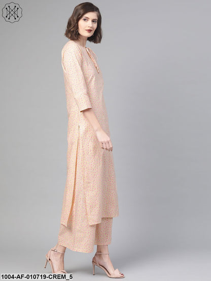 Women Cream & Pink Straight Floral Printed Kurta And Palazzos Set