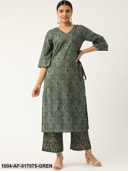 Sage Green Three-Quarter Sleeves Printed Straight Pure Cotton Kurta with Palazzo
