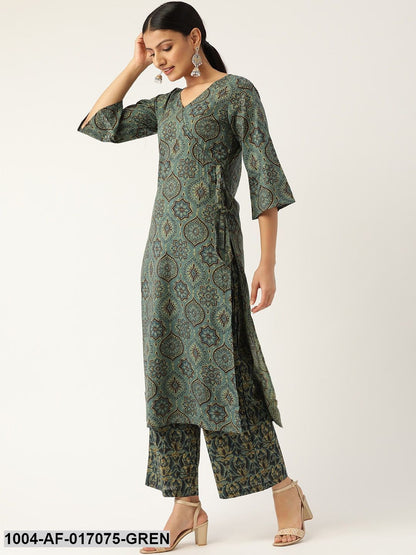 Sage Green Three-Quarter Sleeves Printed Straight Pure Cotton Kurta with Palazzo
