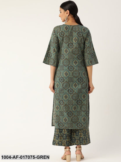Sage Green Three-Quarter Sleeves Printed Straight Pure Cotton Kurta with Palazzo
