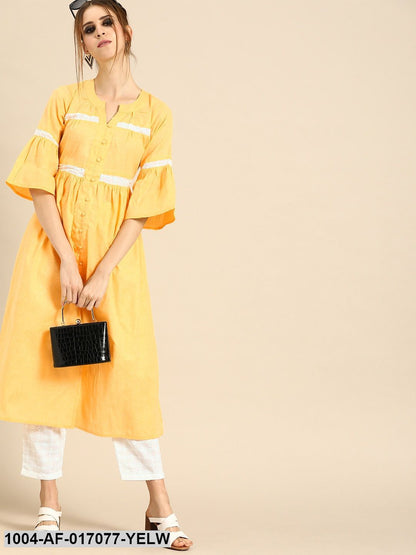 Pastel Yellow Three-Quarter Sleeves Solid Flared Pure Cotton Kurta with Schiffli Trouser