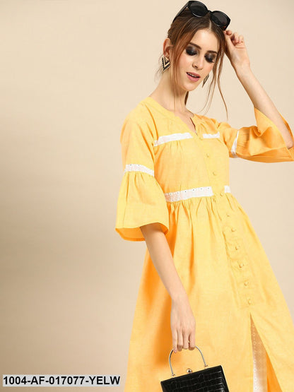 Pastel Yellow Three-Quarter Sleeves Solid Flared Pure Cotton Kurta with Schiffli Trouser