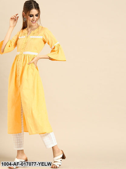 Pastel Yellow Three-Quarter Sleeves Solid Flared Pure Cotton Kurta with Schiffli Trouser