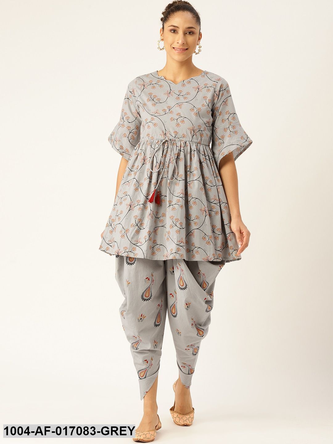 Grey Three-Quarter Sleeves Flared Kurta And Dhoti Set