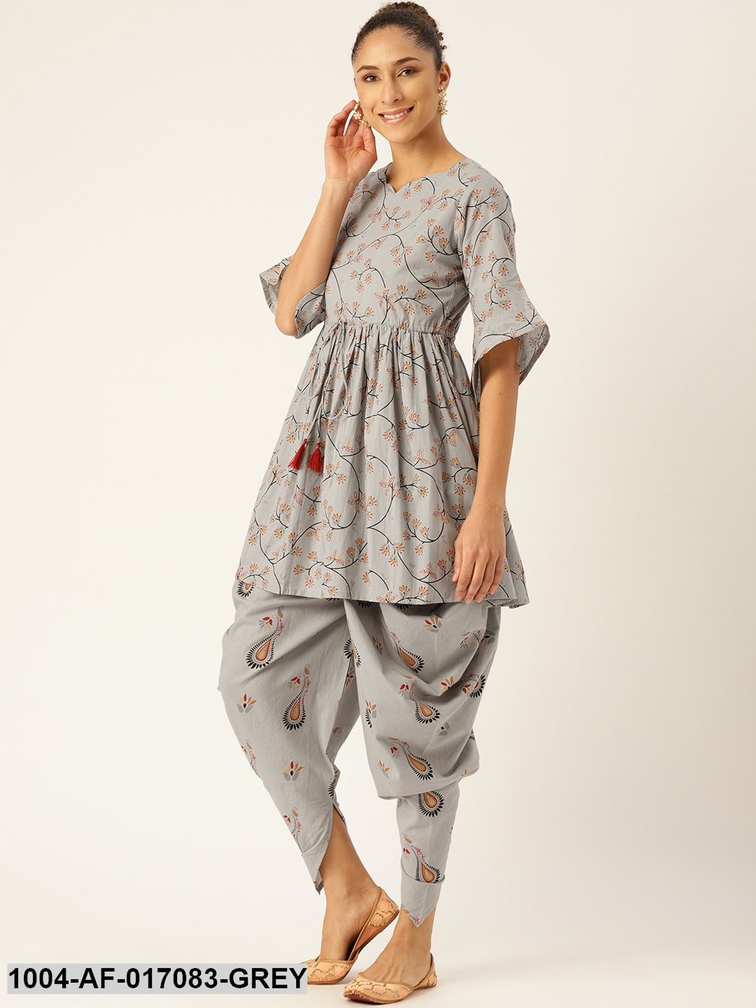Grey Three-Quarter Sleeves Flared Kurta And Dhoti Set