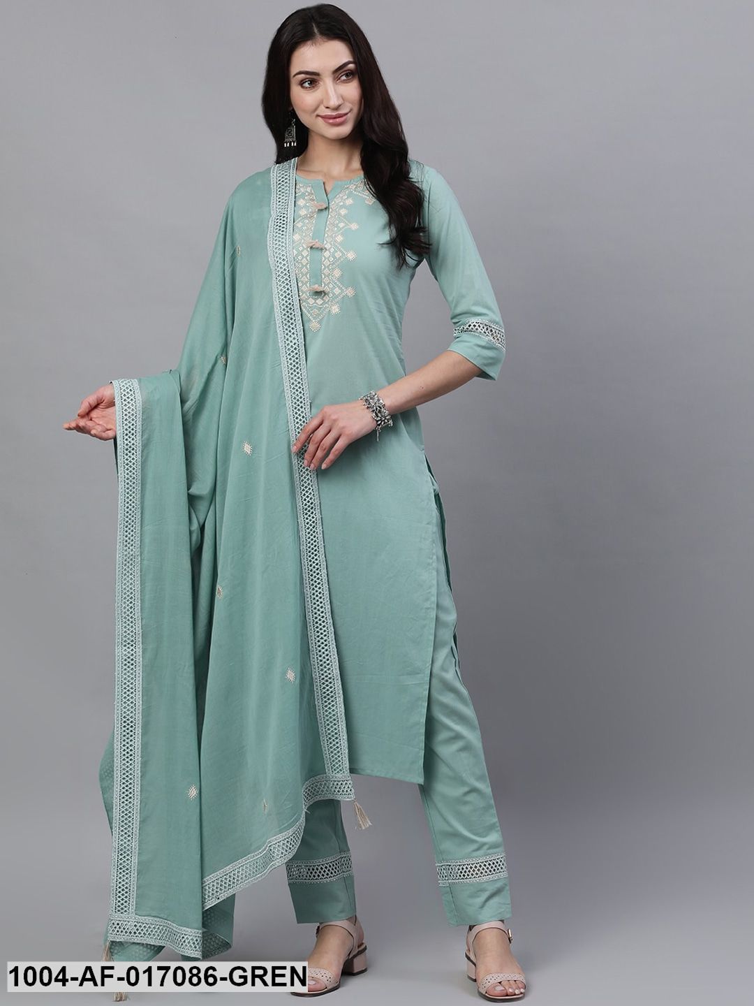 Sage Green Three-Quarter Sleeves Straight Kurta Palazzo With Dupatta