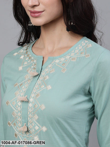 Sage Green Three-Quarter Sleeves Straight Kurta Palazzo With Dupatta