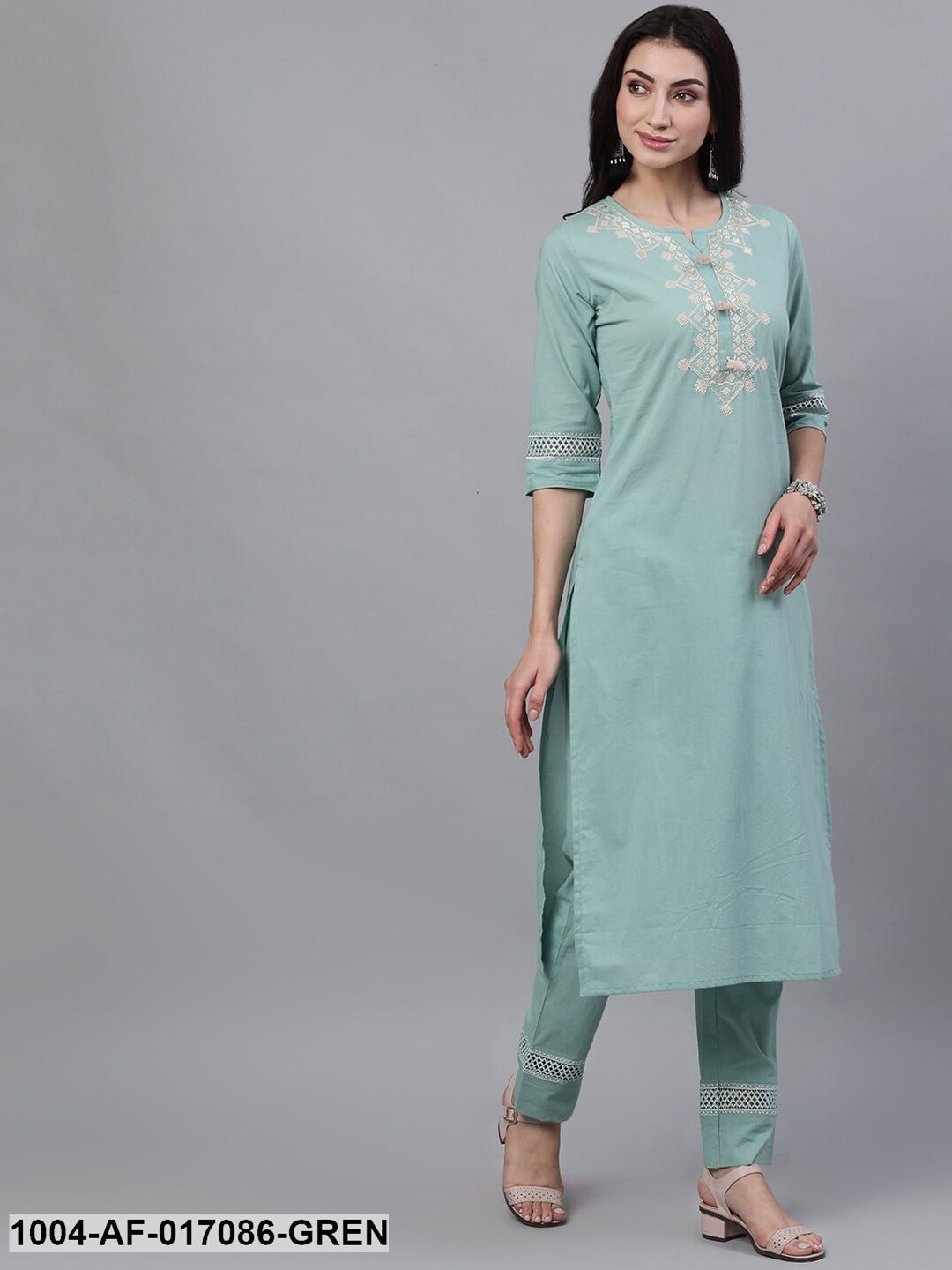 Sage Green Three-Quarter Sleeves Straight Kurta Palazzo With Dupatta
