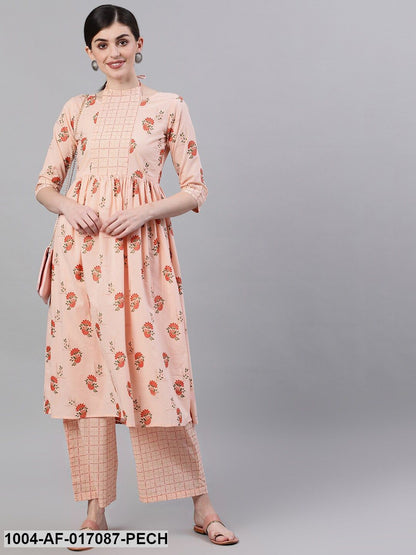 Peach Three-Quarter Sleeves Flared Kurta With Palazzo