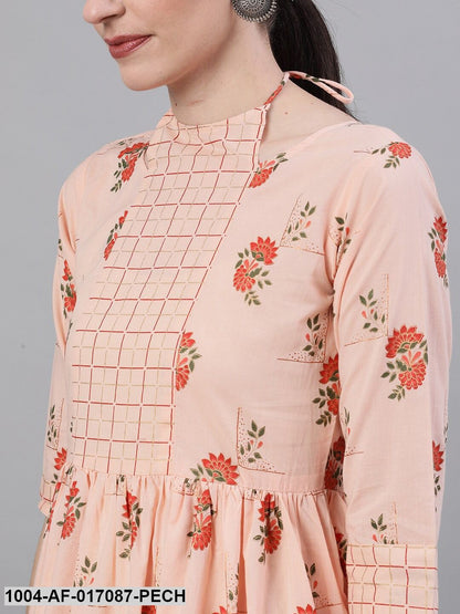 Peach Three-Quarter Sleeves Flared Kurta With Palazzo
