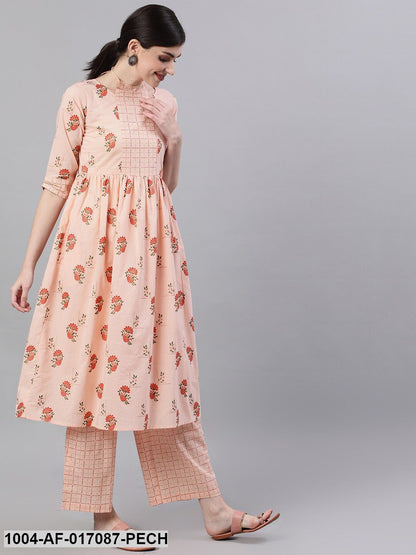 Peach Three-Quarter Sleeves Flared Kurta With Palazzo