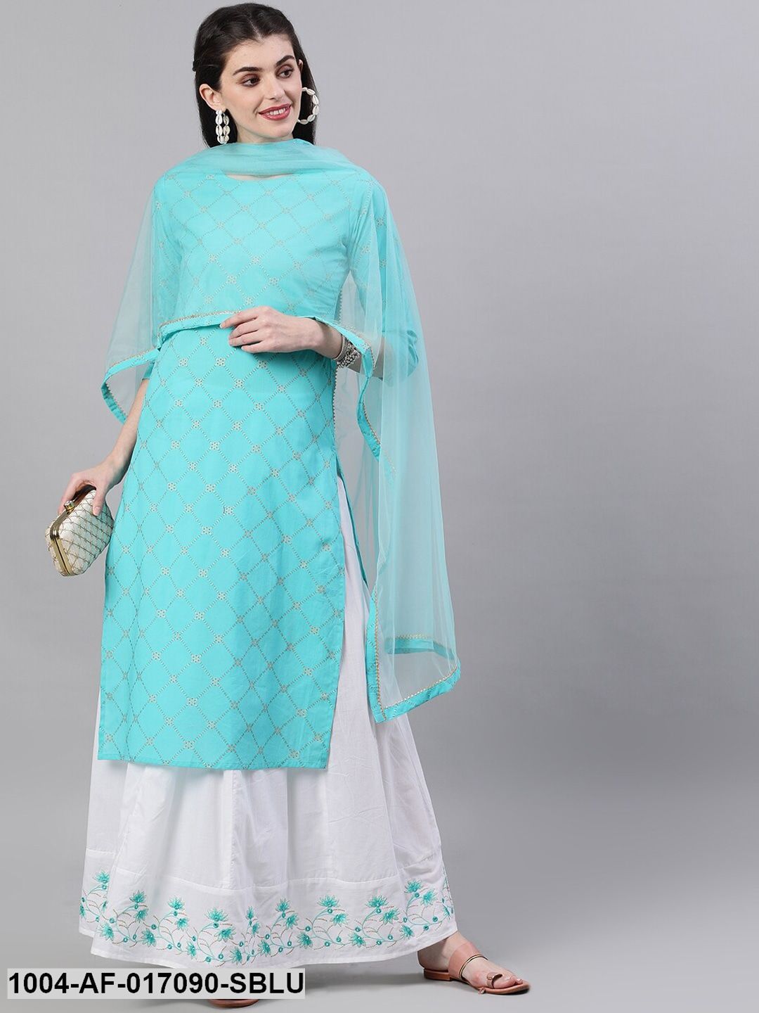 SkyBlue Three-Quarter Sleeves Straight Kurta Skirt Set With Dupatta
