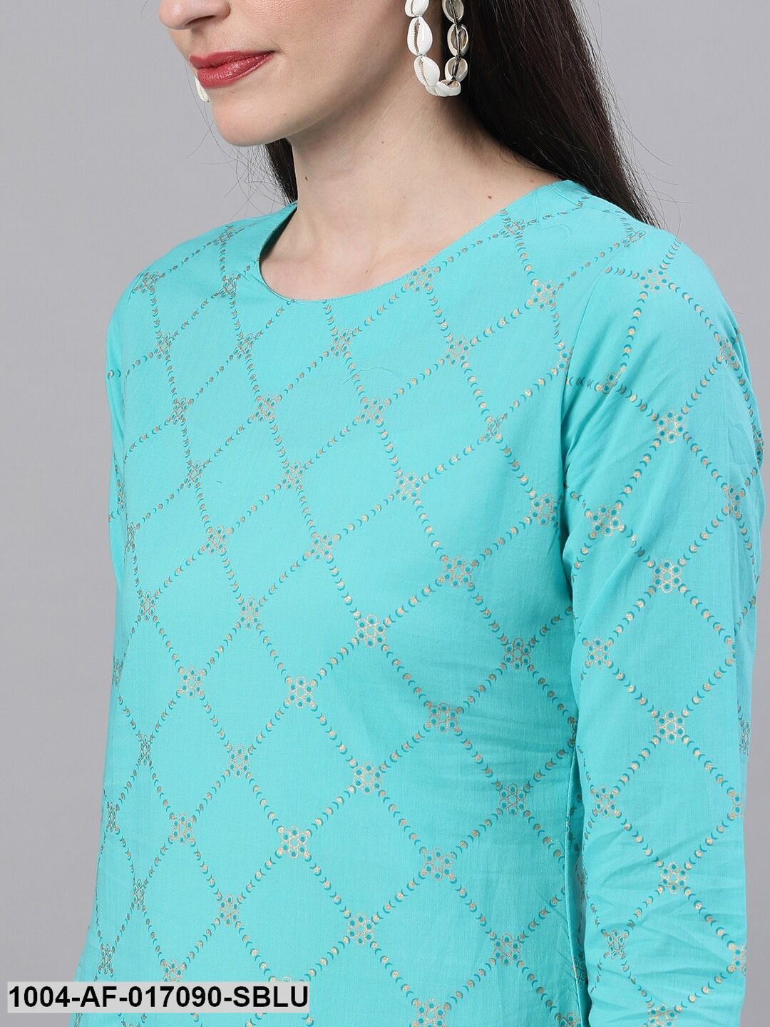 SkyBlue Three-Quarter Sleeves Straight Kurta Skirt Set With Dupatta