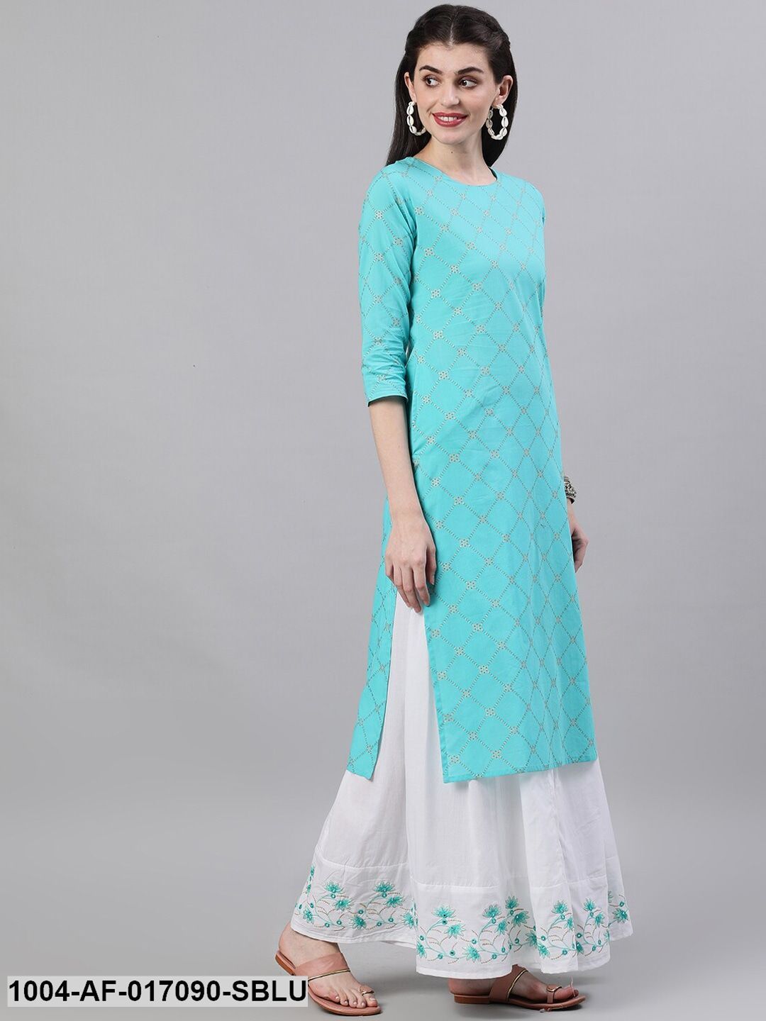 SkyBlue Three-Quarter Sleeves Straight Kurta Skirt Set With Dupatta