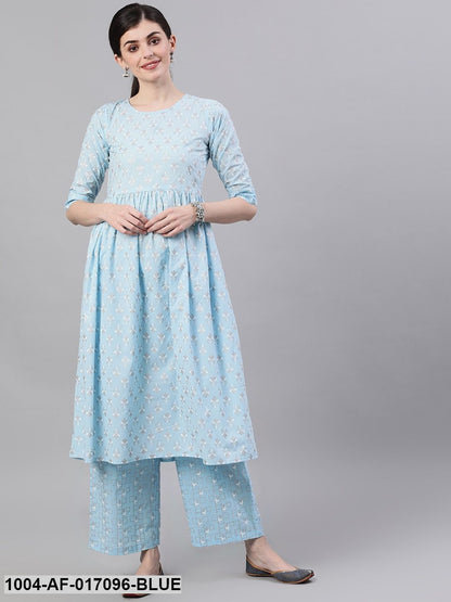 Pastel Sky Blue Three-Quarter Sleeves Flared Kurta and Palazzo Set