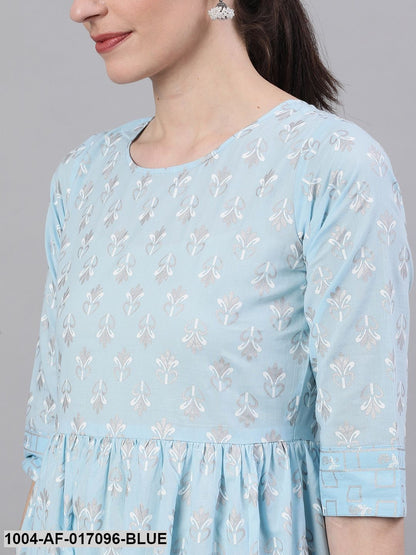 Pastel Sky Blue Three-Quarter Sleeves Flared Kurta and Palazzo Set