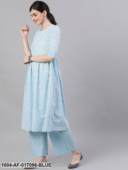 Pastel Sky Blue Three-Quarter Sleeves Flared Kurta and Palazzo Set
