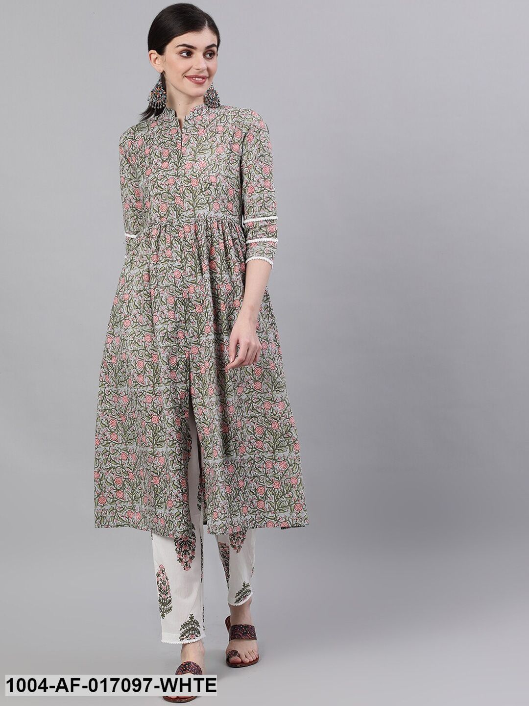 White Three-Quarter Sleeves Flared Kurta and Palazzo Set