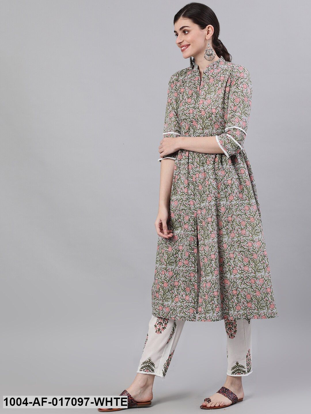 White Three-Quarter Sleeves Flared Kurta and Palazzo Set