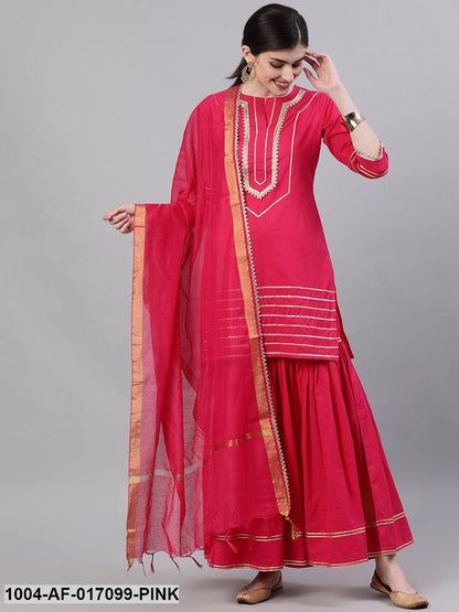 Pink Three-Quarter Sleeves Straight Kurta Sharara Set With Dupatta