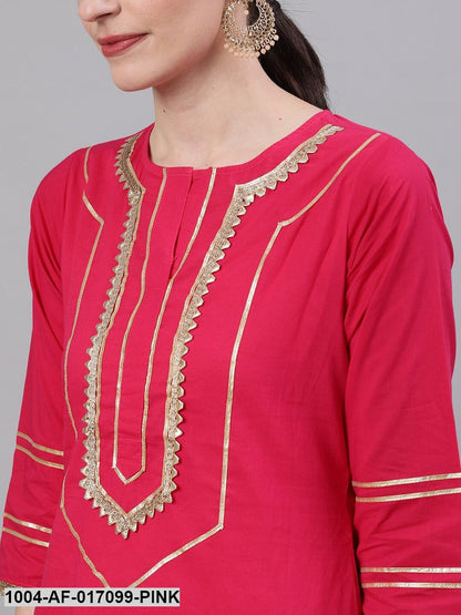 Pink Three-Quarter Sleeves Straight Kurta Sharara Set With Dupatta