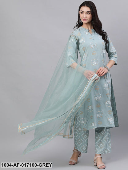 Grey Three-Quarter Sleeves Straight Kurta Palazzo With Dupatta