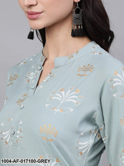 Grey Three-Quarter Sleeves Straight Kurta Palazzo With Dupatta