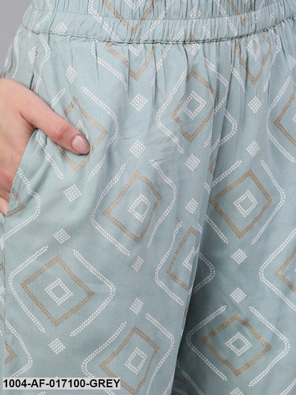 Grey Three-Quarter Sleeves Straight Kurta Palazzo With Dupatta