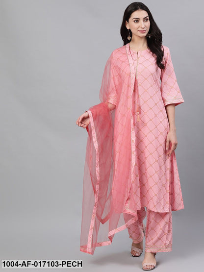 Peach Three-Quarter Sleeves Straight Kurta Palazzo With Dupatta