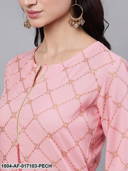 Peach Three-Quarter Sleeves Straight Kurta Palazzo With Dupatta