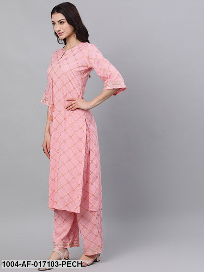 Peach Three-Quarter Sleeves Straight Kurta Palazzo With Dupatta