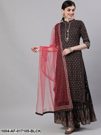Black Three-Quarter Sleeves Straight Kurta Skirt With Dupatta