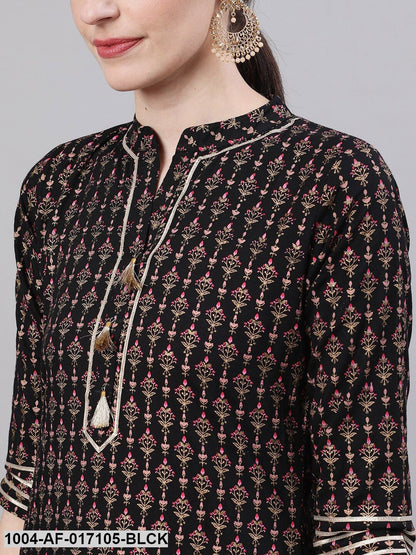 Black Three-Quarter Sleeves Straight Kurta Skirt With Dupatta