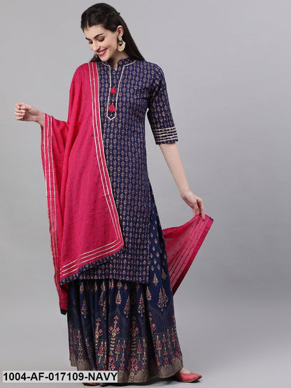 Navy Blue Three-Quarter Sleeves Straight Kurta Skirt With Dupatta