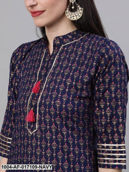 Navy Blue Three-Quarter Sleeves Straight Kurta Skirt With Dupatta