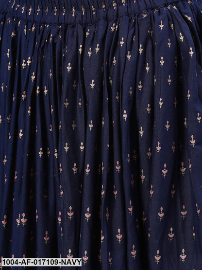 Navy Blue Three-Quarter Sleeves Straight Kurta Skirt With Dupatta