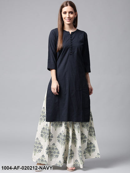 Navy Blue & White Solid Kurta with Printed Skirt
