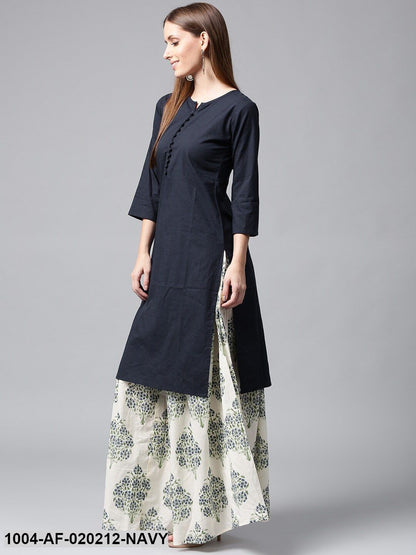 Navy Blue & White Solid Kurta with Printed Skirt