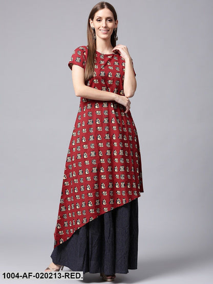 Red & Navy Blue Printed A-Line Kurta with Skirt
