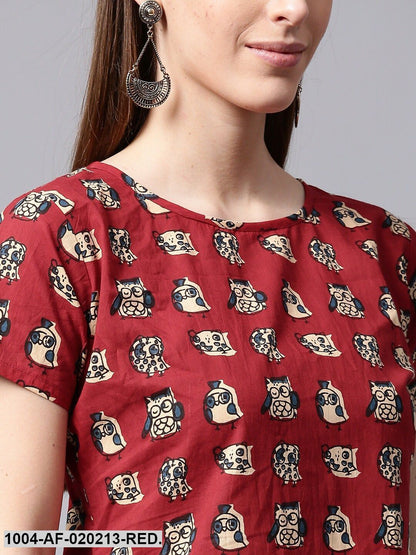 Red & Navy Blue Printed A-Line Kurta with Skirt