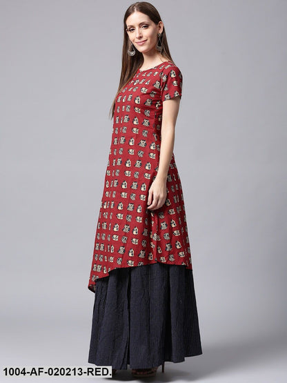 Red & Navy Blue Printed A-Line Kurta with Skirt