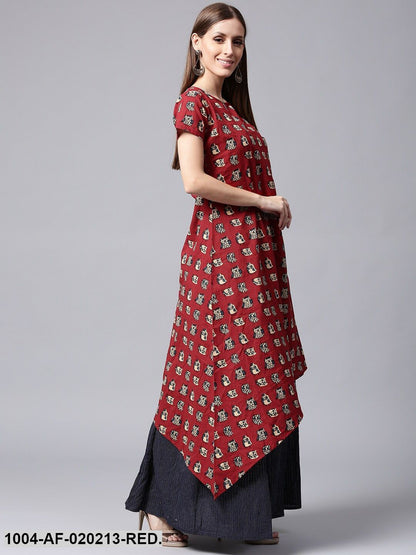 Red & Navy Blue Printed A-Line Kurta with Skirt