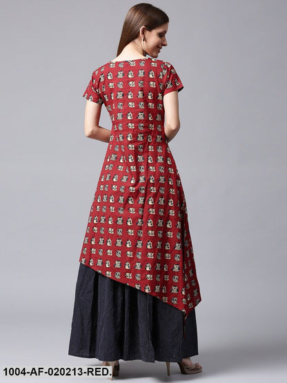 Red & Navy Blue Printed A-Line Kurta with Skirt