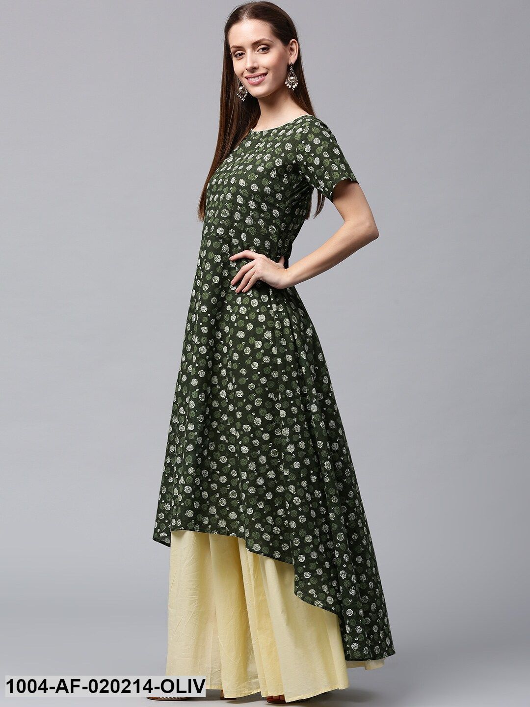 Olive Green & Cream-Coloured Printed Kurta with Skirt