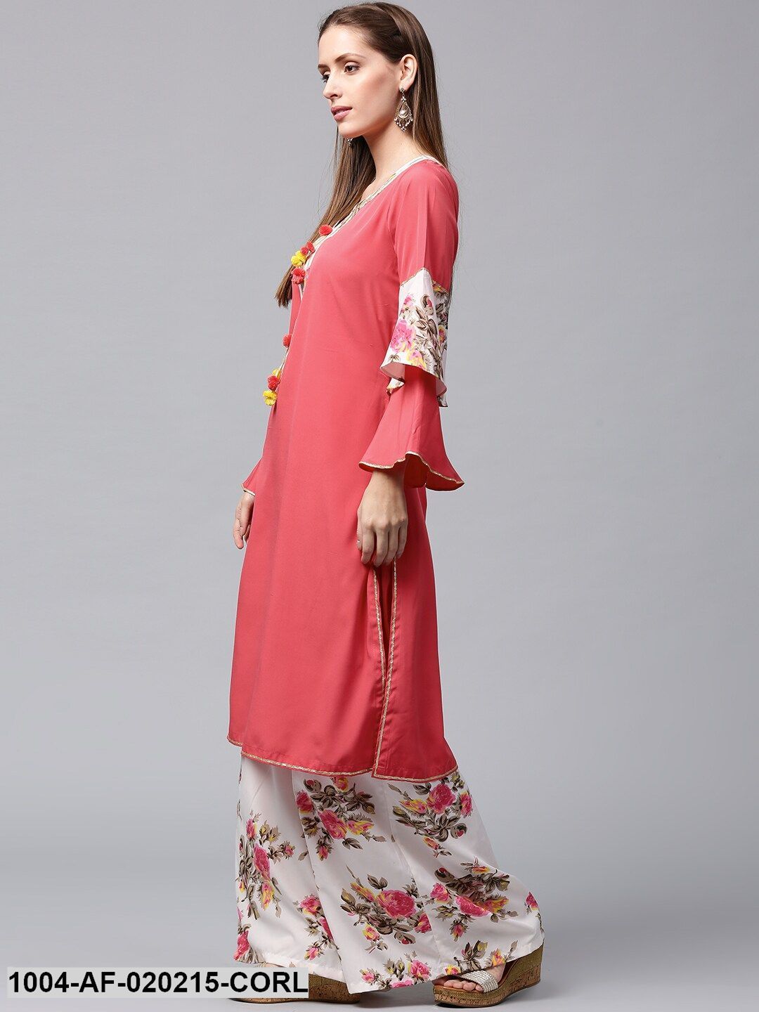 Coral Pink & Off-White Solid Kurta with Palazzos