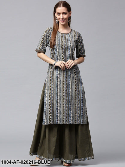 Blue & Olive Green Printed Kurta with Skirt