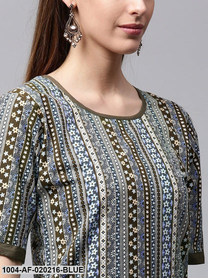 Blue & Olive Green Printed Kurta with Skirt