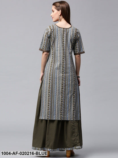 Blue & Olive Green Printed Kurta with Skirt