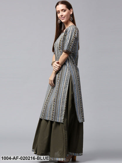 Blue & Olive Green Printed Kurta with Skirt